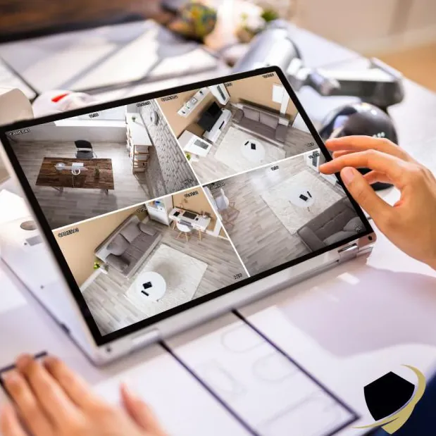 Foto ilustrativa: tablet sobre a mesa exibindo quatro câmeras ao mesmo tempo, ao lado de plantas de projeto
