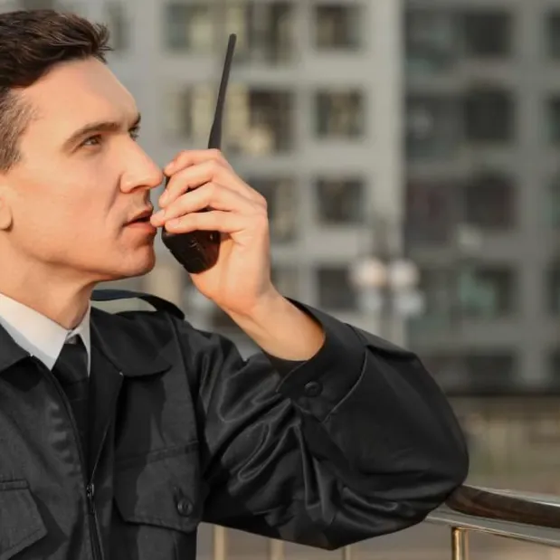 Foto ilustrativa: agente de uniforme escuro falando ao rádio comunicador
