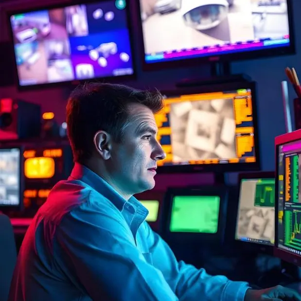 Foto ilustrativa: técnico diante de um painel de telas de monitoramento em luz azul